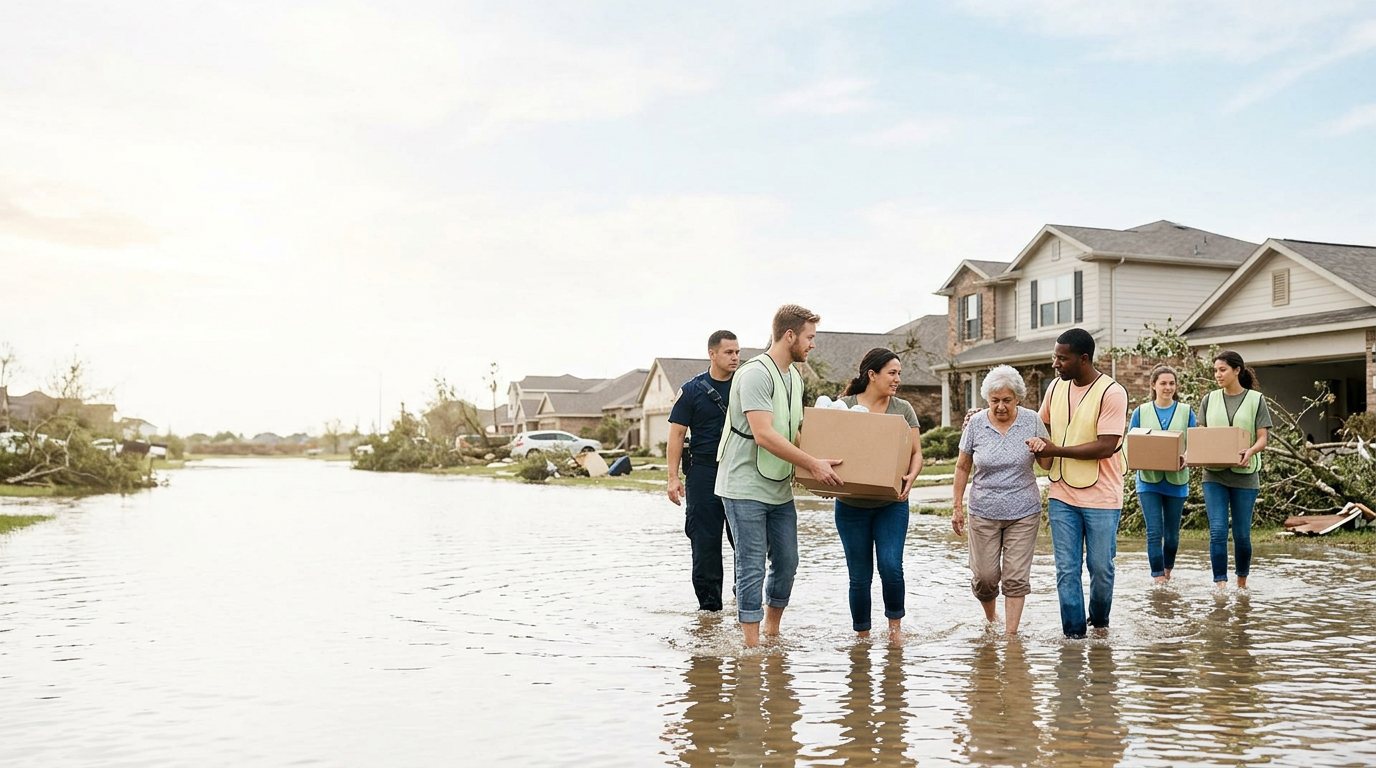 Volunteers and first responders carrying supply boxes and helping a family through a flooded street after a hurricane