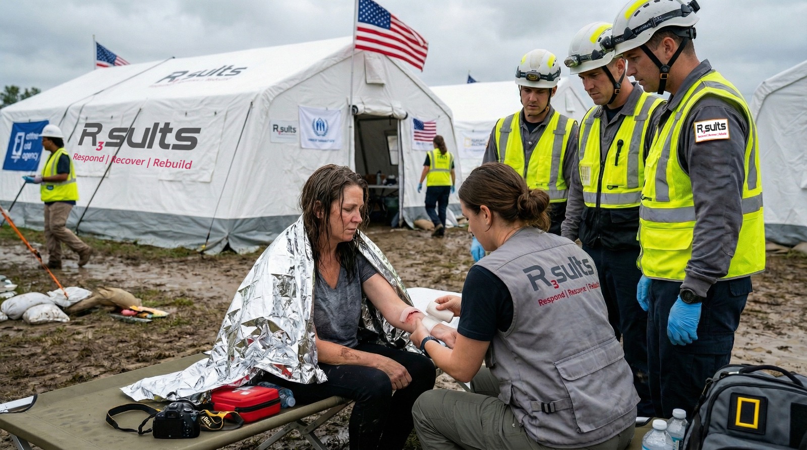 R3sults Foundation responders providing emergency medical aid at a field operations site