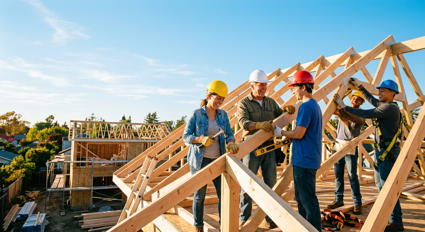 Volunteers in hard hats rebuilding a roof together